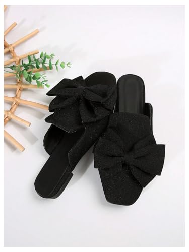 OYOANGLE Women's Square Closed Toe Mules Bow Slip on Backless Flats Work Business Casual Shoes2