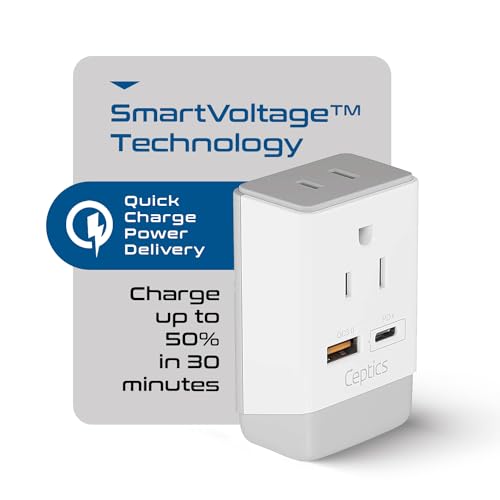 Image of Ceptics US to India Plug Adapter, Type D Plug Adapter QC 3.0 & PD, Safe Dual USB & USB-C 18W, Fast Charging - Powerful 2 USA Sockets - Use in Pakistan Nepal Sri Lanka - AP-10