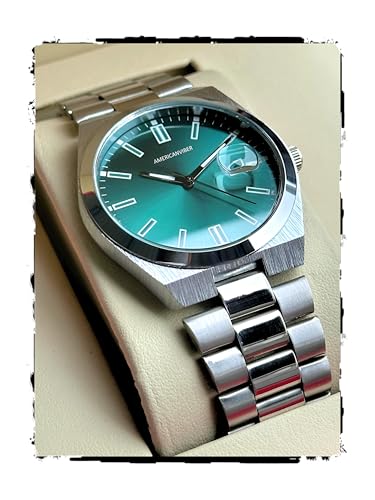 Image of AMERICANVIBER Men's Silver Stainless Steel Watch, Vibrant Green Sunburst Dial, Quartz Analog Movement, Date Display, Faceted Bezel for Men