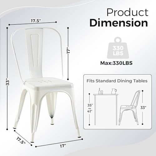 Image of Metal Dining Chairs with Back, Stackable, Distressed White, 12 Pack | Easy Assembly, Non-Slip Feet, 330 lb Capacity, Kitchen, Restaurant, Cafe, Pub, Covered Patio