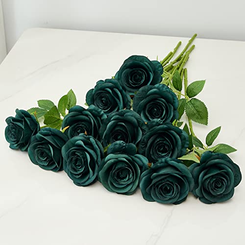 Helera 12Pcs Roses Artificial Flowers Fake Roses Peacock Green Silk Roses White Silk Flowers Rose With Long Stems For Wedding Home Party Centerpieces Decorations #TOP3