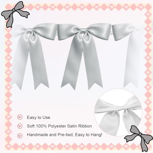 Image of 2 Strings of 16PCS Silver Bow Garlands Banner Decoration,Pre-Strung Satin Ribbon Ornaments for Birthday,Bachelorette Party,Bridal Shower,Wedding,Engagement,Baby Shower,Graduation Decor,Anniversary