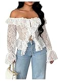 Floerns Women's Off The Shoulder Tie Front Lace Blouse Tops Ruffle Slit Hem Going Out Tops White Large