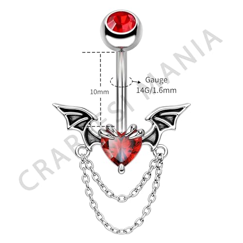 CM Crareesi Mania Halloween Belly Button Ring 316L Stainless Steel Belly Rings Double Chain 14G 10mm Bat Belly Piercing Jewelry Red CZ Navel Rings Heart Navel Piercing3
