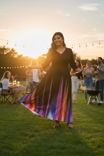 Image of Runwind Plus Size Dress for Women - 3 /4 Sleeve V Neck Maxi Dresses for Women (XL-6XL)