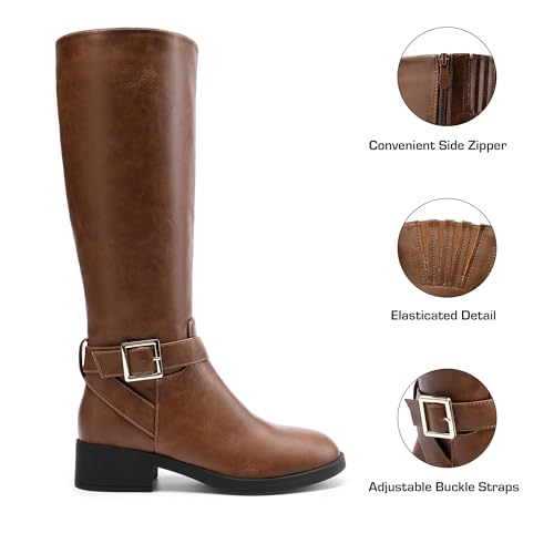 DREAM PAIRS DREAM PAIRS Women's Knee High Riding Boots Comfortable Low Chunky Heel Side Zipper Round Toe Casual Classic Ranching,Size 9.5,Light Brown,SDKB2307W