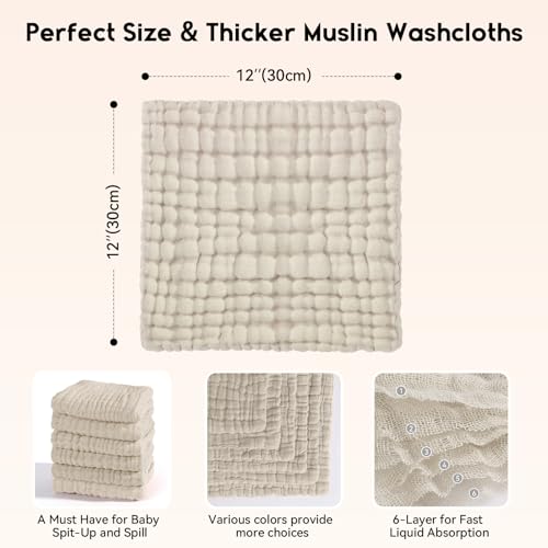 Image of Unnivoll Muslin Burp Cloths Baby 12''X12'', Baby Washcloths 6 Pack, 100% Cotton Baby Wash Cloths Absorbent and Soft for Newborn Infants Kids Boys Girls - Apricot