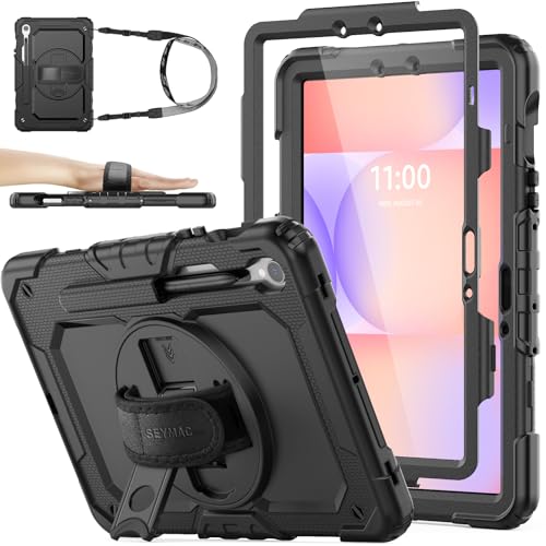 SEYMAC stock Samsung Galaxy Tab S10 FE/S9/S9 FE 5G Case, Shockproof, Horizontal Kickstand with Protective Film Frame, Shoulder Strap, Pen Storage, Full Protective Cover (Black)