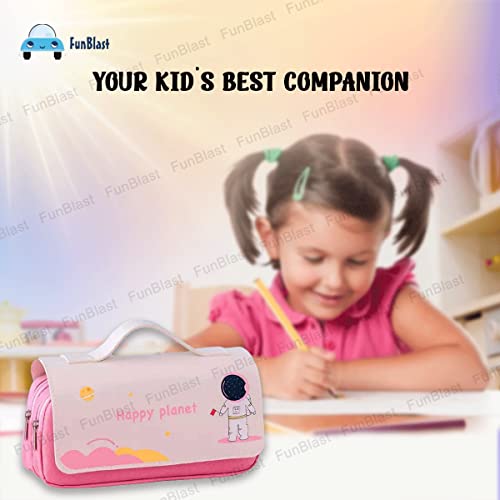 Image of FunBlast Multi-Purpose Pouch - Double Compartment Large Capacity Pouch - Happy Planet Zipper Pencil Case for Kids, Pencil Box for Kids, Stationary Pouch for Students School Supplies (Pink)