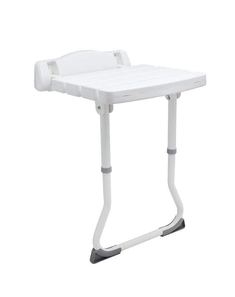 Duschklappsitz Deluxe mit STÜTZBEIN Sicherheitssitz Wandstuhl Klappstuhl Duschhilfe Sitzhilfe zur Wandmontage, weiß