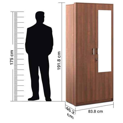 Image of Spacewood Value Wardrobe | 3 Year Warranty | Almirah, Cupboard, Almari, 2 Door Wardrobe with Mirror, 1 Drawer (1 Lock Drawer) and 1 Hanging Space|Engineered Wood| Walnut Rigato