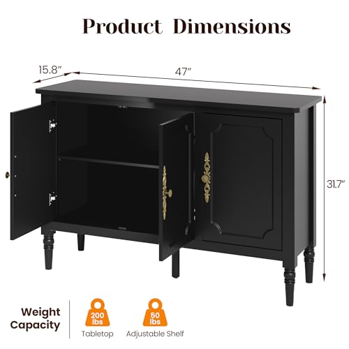 Image of FansaFurn 3-Door Buffet Cabinet with Adjustable Shelves, Accent Sideboard with Turned Legs, Wood Pantry Cabinet, Mid-Century Storage Cabinet for Entryway, Living Room, Dining Room, Black
