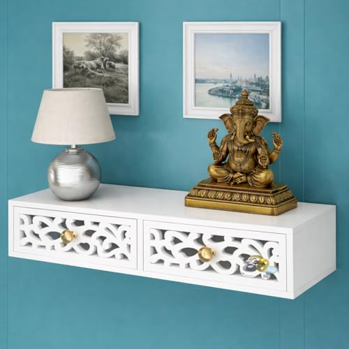 Image of Engineered Wood Floating Shelves With Drawer, Wall Shelves Multi Use As Cabinet Or Nightstands For Desk Or Wall Storage (Full White)