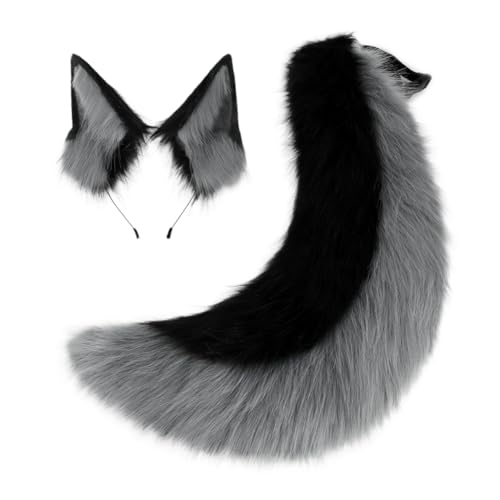 QinRuan Faux Fur Wolf Ears Headband Furry Dog Tail Set Animal Coustume Cospaly Halloween Party