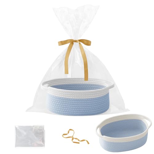 Image of Woven Rope Basket - Baby Gift Basket with Bag & Ribbon, White&Blue
