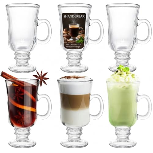 SHANDERBAR Set of 6 Irish Coffee Mugs, 8.5 Oz Irish Coffee Glasses with Handle & Footed Stem Base...