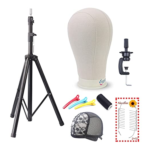 Eerya 21 Inch Canvas Block Head With Tripod Stand Set Wigs Display Mannequin Head For Wig Making Drying Styling Included Clips T-Pins Curved Needles Thread Wig Cap #TOP7