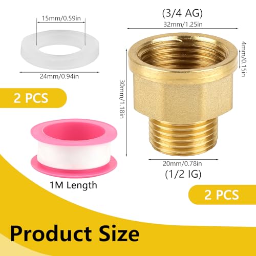 2 Stück Messing Reduzierung 3/4 auf 1/2, Messing Reduzierstück 3/4 auf 1/2, Adapter 1/2 auf 3/4 mit 2 Gummidichtung und Papierrohband, Hahnverlängerung für Rohrverbindungen