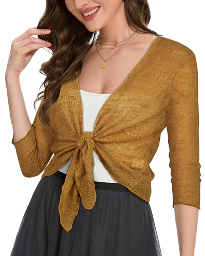 Image of Women Crop Cardigan Sheer Mesh Bolero Shrug for Dress Tie Front 3 /4 Sleeve Tops