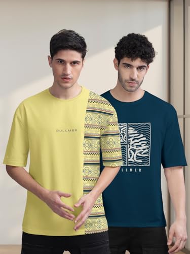 Image of BULLMER Trendy Front and Back Printed Oversized Round Neck T-Shirt for Men - Pack of 2