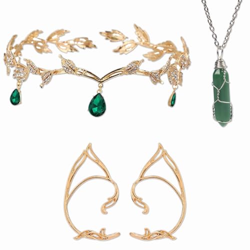 4 Stück Elfen Kostüm Damen Zubehör Set mit Elfenohren, Elfen Schmuck, Elfenkrone Stirnband, Kristall Halskette und Spitzenhandschuhen, Renaissance Kostümset Damen, Waldfee Accessoires für Halloween Mi