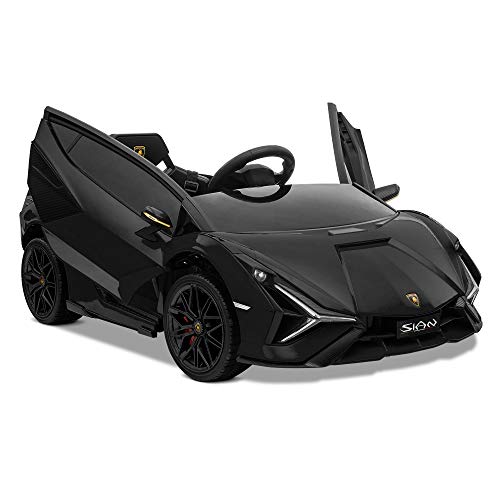 Kidzone Kids 12V Electric Ride On Licensed Lamborghini Sian Roadster Motorized Sport Vehicle with 2 Speed, Remote Control, Wheels Suspension, LED Lights, USB Bluetooth Music, Engine Sounds, Black