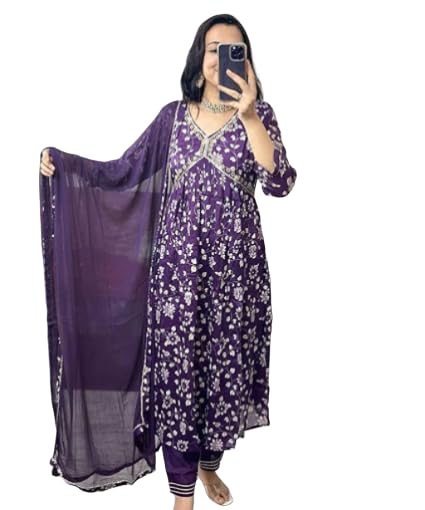 GenericWomen's Rayon Embroidered Aliya Cut Kurti With Pant Dupatta Set,Indian Salwar Kameez By Shopping Hub