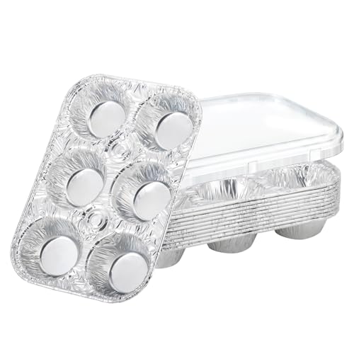 Piszvbej Disposable Muffin Pans with Lids 10 Pack Aluminum Foil Muffin Pans Throw Away with Reinforced Bottom and Smooth Interior 6-Cup Tin Size for Baking Ideal for Parties and Holidays