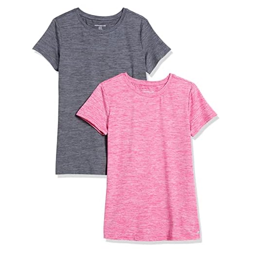 Amazon Essentials Camiseta Técnica Elástica de Manga Corta y Cuello Redondo (Disponible en Tallas Grandes) Mujer, Pack de 2, Frambuesa Teñido Multicolor/Gris Oscuro Teñido Multicolor, L