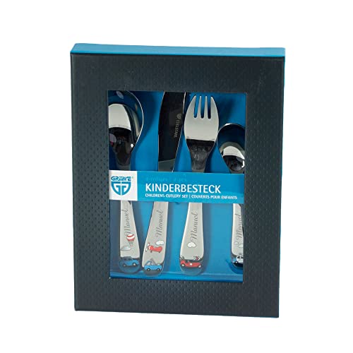 Cubiertos personalizados de autos/Cubertería infantil con nombre grabado/motivo ''cochecitos'' / 4 cubiertos con el nombre grabado/Acero inoxidable/Regalo para Nacimiento o Bautizo