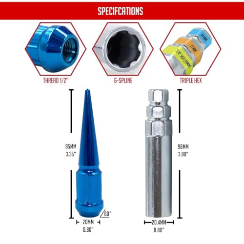 Image of Wheel Accessories Parts 20 Pcs 1 /2 inch-20 Thread Spike Spline 3.35 inch Long Lug Nuts Blue Car Spline Hex Fits Ford 1964-2014 Mustang