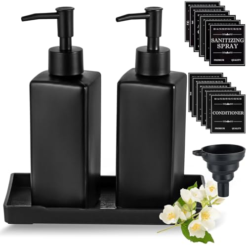 MirraSwit Black Glass Soap Dispenser, 350ML Square Soap Dispenser Set, Black Glass for Kitchen, with Tray, Waterproof Labels for Bathroom, Countertop, Kitchen