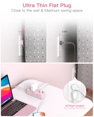 Image of 5Ft Extension Cord with Multiple Outlets, Flat Plug Power Strip Surge Protector with 5 Ft Long Cord, 6 Outlet 4 USB Ports (2 USB C), Multi Outlet Wall Plug for College, Dorm Room Essentials(Pink)