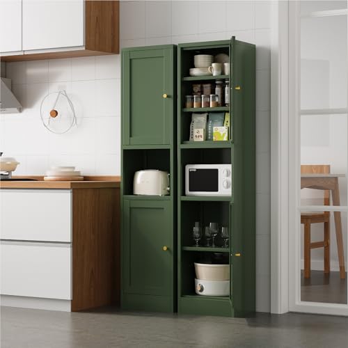 Image of 67 inch Tall Narrow Storage Cabinet with Doors and Open Shelf,Metal Pantry Cabinet,Shaker Style Slim Cabinet with Adjustable Shelves,for Bathroom Kitchen Laundry Small Spaces,Forest Green,1Pc