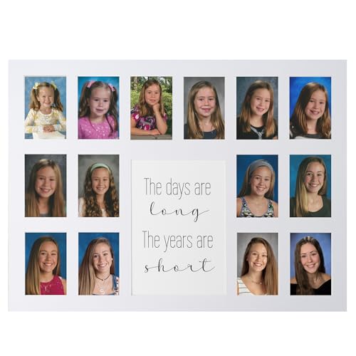 Image of Rustic Red Door Co. 12x16 School Days Picture Mat with Multiple Openings - School Years Photo Collage - No Frame - 1 Pre-School & Kindergarten to 12th Grade (15 Photos, 1PreK - 12th, White)