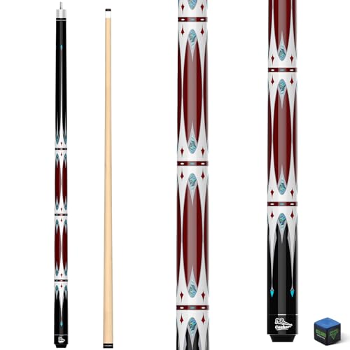 Pool Cue Stick 58 Inch 2-Piece Billiard Cue with Geometric Sword Inlays, Unwrapped Grip, Maple Shaft, 13mm Tip with Chalk Red 20Oz