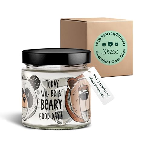 3Bears Overnight Oat Gläser im Bärenglasdesign Meal Prep Gläser mit Deckel für ein leckeres & schnelles Frühstück mit praktischer Markierung für perfekte Overnight Oats - 1 Glas/95x85mm