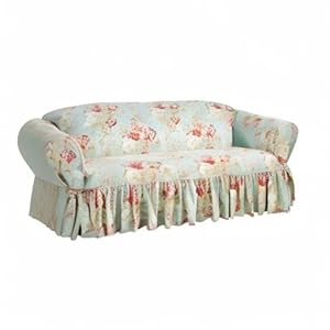 Waverly Ballad Bouquet Ruffled Sofa Slipcover Sofa Cover with Cotton Floral One Piece Design and Ruffled Skirt Machine Washable Sofa Cover Robins Egg