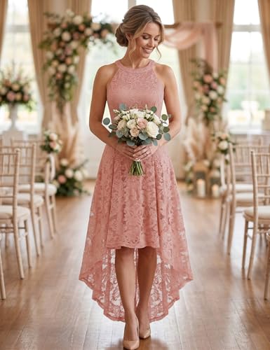 Image of Dressystar Women Halter Lace Wedding Guest Dress Hi-Lo Cocktail Party Bridesmaid Formal Dresses