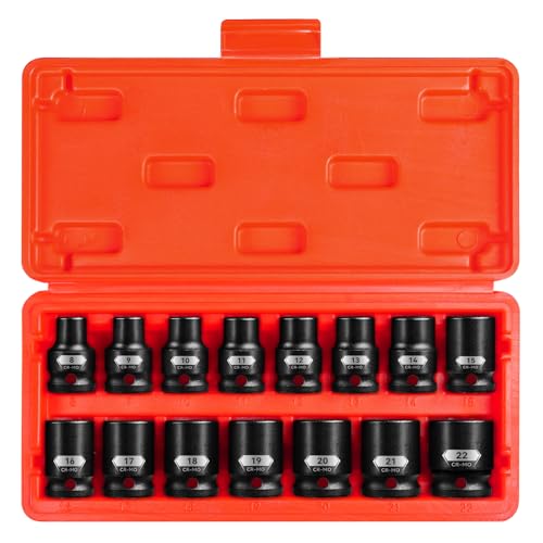 UPENJOK 15-Piece 1/2 Drive Shallow Impact Socket Set Metric Size (8-22mm) 12-Point Socket Set CR-MO Steel for Automotive & DIY