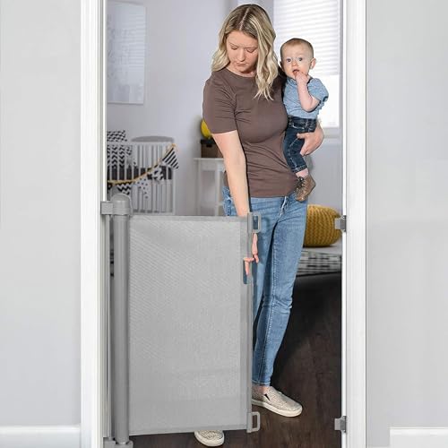 Image of YOOFOR Retractable Baby Gate, Extra Wide Safety Kids or Pets Gate, 33” Tall, Extends to 55” Wide, Mesh Safety Dog Gate for Stairs, Indoor, Outdoor, Doorways, Hallways (Black, 33"x55")
