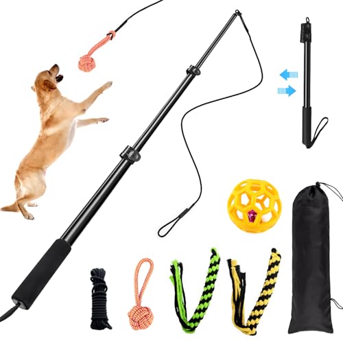 Qeoval Flirt Pole for Dogs Heavy Duty 40 Extendable Aluminum Alloy Dog Teaser Pole for Large Medium & Small Dogs Dog Training Stick Toy for Exercise & Training Includes 4 Replaceable Lures