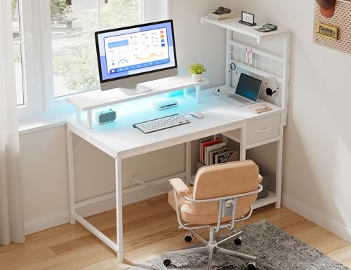 REIBII パソコンデスク コンセント付き ゲーミングデスク LEDライト付き 机 モニタースタンド対応 pcデスク 勉強机 引き出し付き 棚付き ワークデスク 在宅勤務 オフィスデスク リモートワーク テレワーク 事務所 組立簡単 人間工学【100*奥行き50*高さ130】白 ホワイト