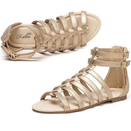 katliu Women's Gladiator Sandal Strappy Flat Sandals Two Ankle Buckle Gold 10