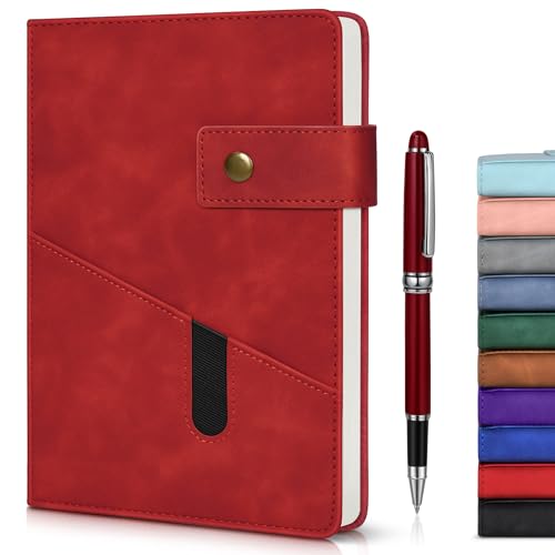 Lined Journal Notebook with Pen, A5 Personalized Hardcover Leather Journal for Men Women, 200 Pages 100 GSM Thick Paper College Ruled Notebooks for Work Travel School Writing Diary 5.9" X 8.4" Red