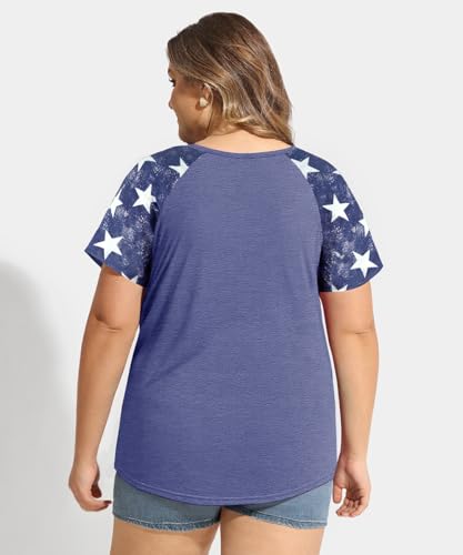 Image of CARCOS Plus Size Tops for Women Short Sleeve Raglan Striped Tee Color Block Crewneck /V Neck Tunic Loose Fit Summer XL-5XL