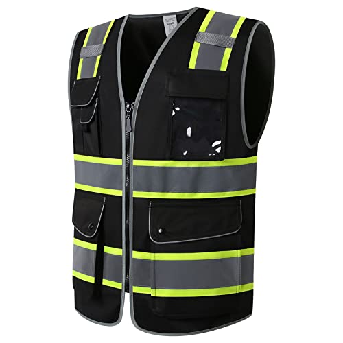 Kazsaifo High Visibility Safety Vest With Reflective Strips 9 Pockets Hi-Vis Construction Vest Meets Ansi/Isea Standards (Kzd-Black, L) #TOP2