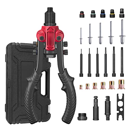 Hainar Rivet Nut Tool & Rivet Gun & Reamer 3 in 1 Tool Kit, with 6 Metric & SAE Mandrels and 5 Sizes of Rivet Heads, with 50Pcs Rivets and 60Pcs Rivet Nuts, Sturdy Case Packed, Perfect Home Tool Kit