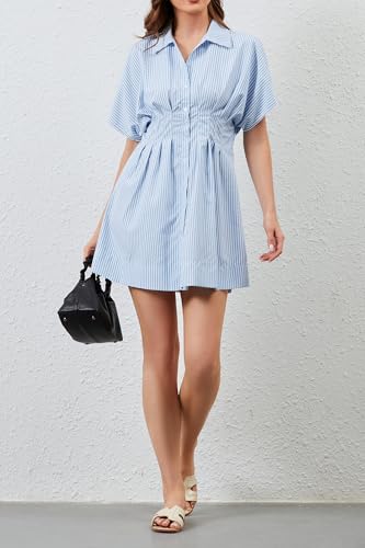 Image of Women Summer Short Sleeve Button Front Pleated Shirt Dress Striped Collar V Neck Casual Y2k Swing Short Mini Dress