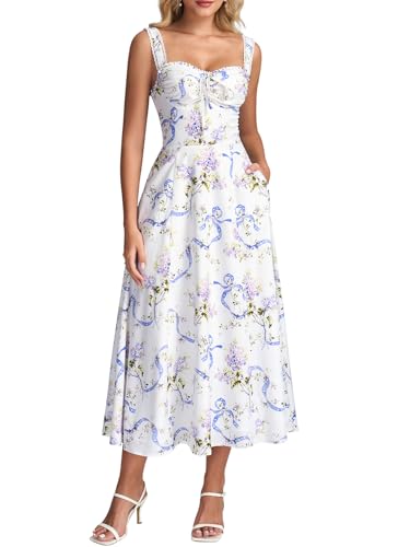 Image of KUTUMAI Floral Corset Midi Dresses for Women 2026 Lace Up Flowy Summer Wedding Guest Dress with Pockets